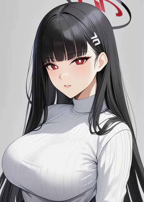 anime girl with long black hair and white shirt posing for the camera