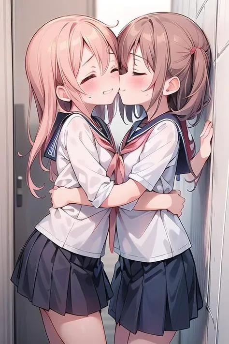 two girls in school uniforms hugging each other in a hallway