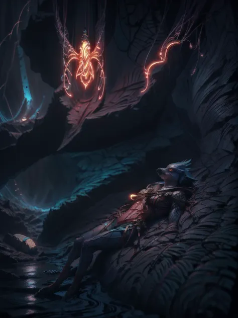 a man sitting on a rock in a cave with a fire