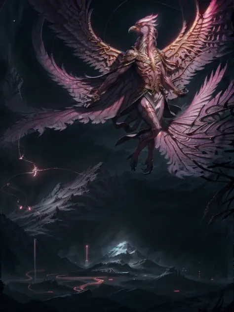 a painting of a woman with wings flying over a mountain