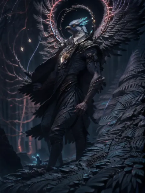 a man with wings and a halo standing in a forest