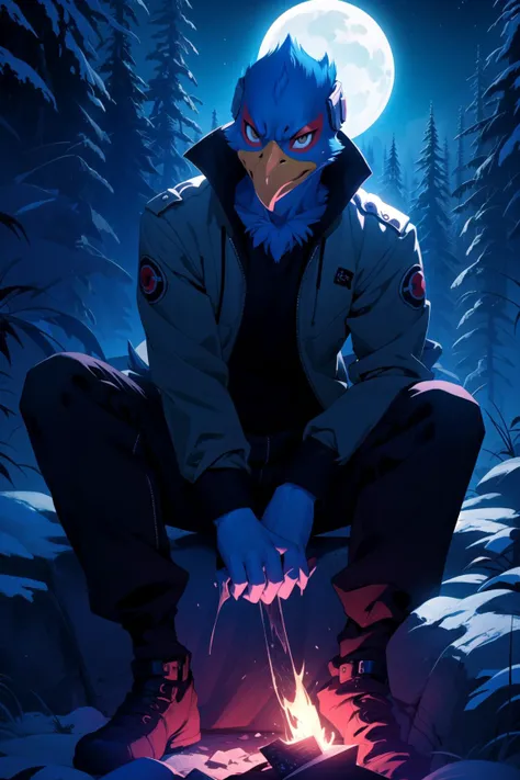 falco, falclothes, male, dramatic lighting, single light source, looking at viewer, telling a scary story, nighttime, outdoors,