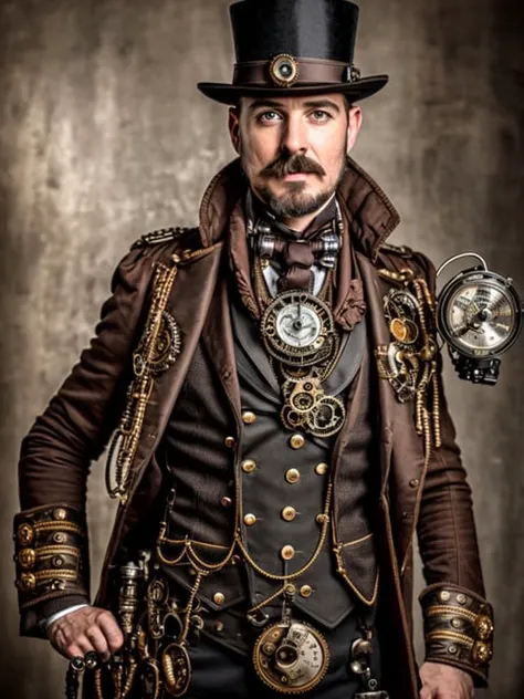 photo of a steampunk man, photorealistic, sharp, focused, centered, extreme deailed, hd, 8k, dslr, raw, full body shot, zoomed o...