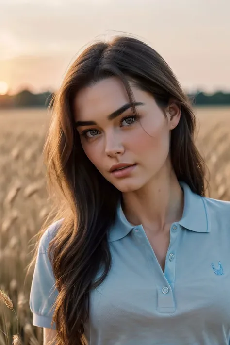 photo of S135_BogdanaKadritskaya, an attractive woman, in a (wheat-field:1.2), wearing a (polo-shirt:1.2), (sunset:1.1), (8k, RAW photo, best quality, depth of field, ultra high res:1.2), (absurdres, intricate, photorealistic, masterpiece, ultra-detailed:1...