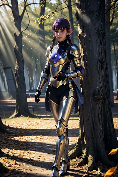 arafed woman in armor standing in a forest with trees