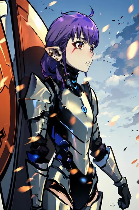 ultra detailed, masterpiece, best quality, solo, cowboy shot,
 <lora:chara_SoloLeveling_EsilRadiru_v1:1> esil radiru, purple hair, long hair, braid, red eyes, pointy ears, facial mark, earrings, red amor, gold trim, pauldrons, black armor, grey armor, gaun...