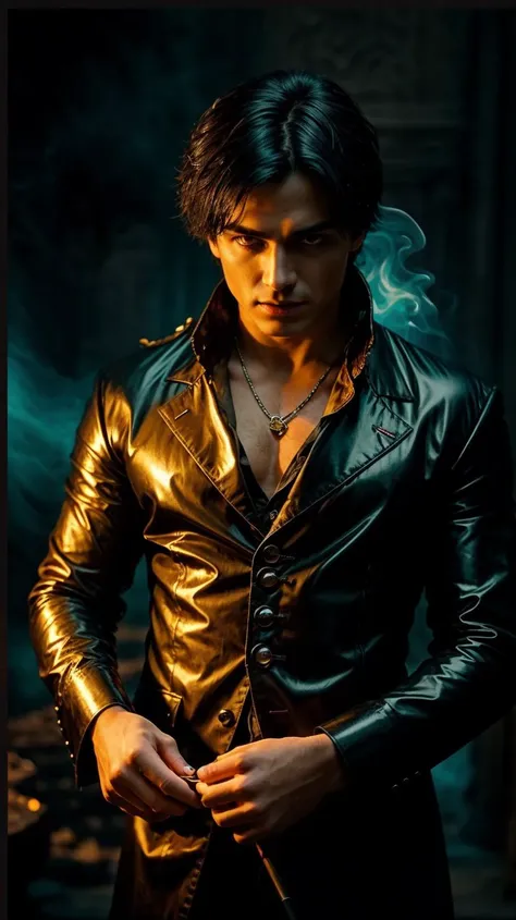 a profesional picture of 1man Damon, the Eternal Vampire was a vampire lord, ancient and powerful, with a demeanor that was both regal and predatory. His hair was a raven black, styled in a coiffure that was both elegant and imposing. His eyes, a deep, cri...