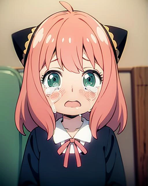 anime girl with pink hair and green eyes staring at camera