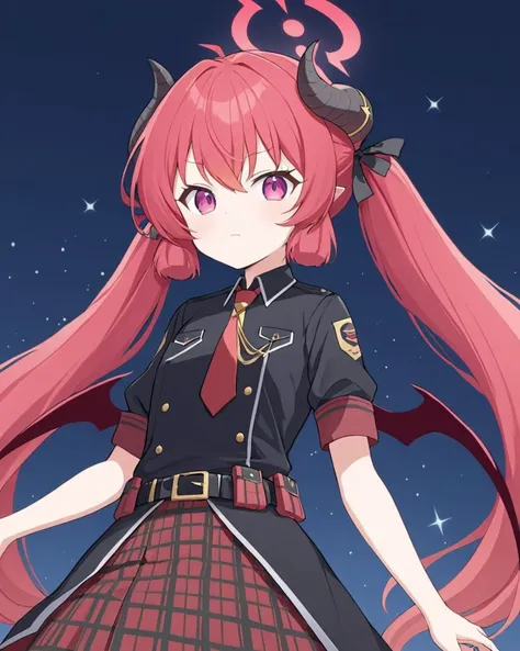 junko (blue archive),1girl, v, solo, halo, twintails, cake, looking_at_viewer, arm_support, short_sleeves, red_necktie, belt, red_skirt, demon_wings, black_shirt, candy, demon_horns, sparkle, black_ribbon, plaid_skirt
<lora:junko_(blue_archive)_image691_20...