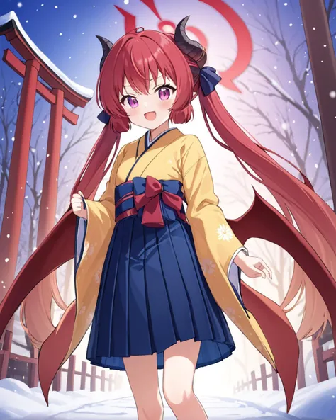 breathtaking,junko (blue archive),1girl, solo, looking at viewer, open mouth, skirt, long sleeves, holding, twintails, :d, japanese clothes, wings, horns, fang, wide sleeves, kimono, bag, blurry, official alternate costume, depth of field, blurry backgroun...