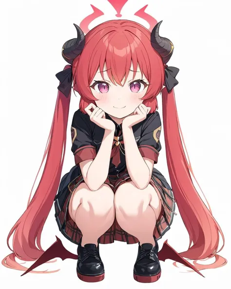 junko (blue archive),1girl, squatting, solo, halo, horns, twintails, red_skirt, looking_at_viewer, black_footwear, short_sleeves, full_body, red_wings, pleated_skirt, closed_mouth, blush, white_background, black_shirt, low_wings, smile, plaid_skirt, shoes,...