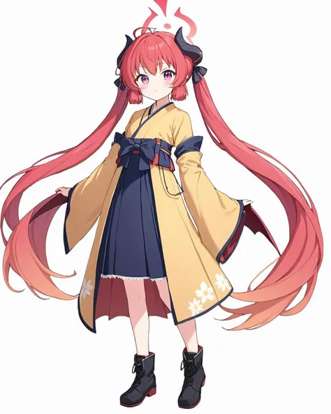 junko (blue archive),1girl, solo, simple_background, kinchaku, white_background, full_body, horns, twintails, halo, official_alternate_costume, low_wings, hakama_skirt, bag, looking_at_viewer, standing, black_footwear, yellow_kimono, holding, blush, wide_s...