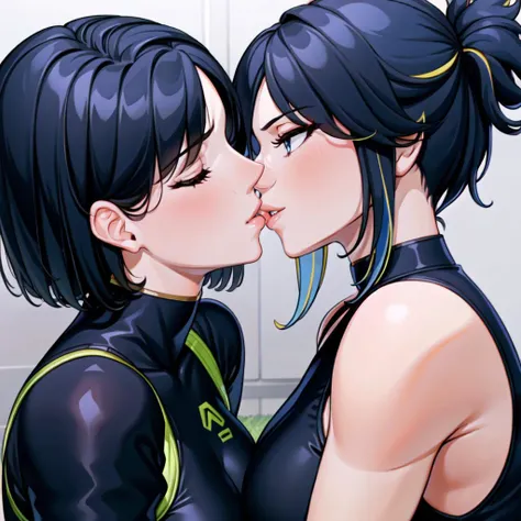 2girls, standing, (masterpiece, best quality:1.2), adult women, kissing, two women kissing,  yuri, kiss,  <lora:yurikiss:.5>, closed eyes,
BREAK
<lora:viper-nvwls-v2:.5>, valorantViper, green eyes, bodysuit, gloves, belt, thigh boots, black hair, beautiful...