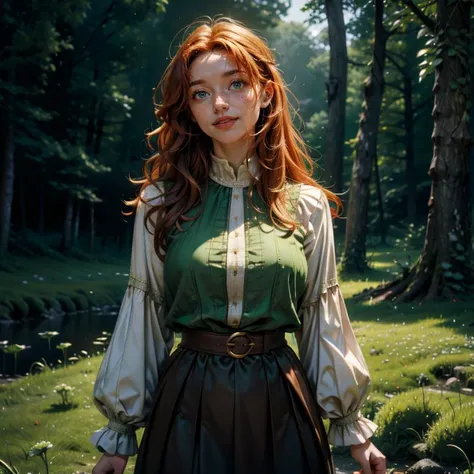 (masterpiece, best quality, highres, high resolution:1.2), extremely detailed, ultra realistic, intricate details, (cinematic lighting, bloom, volumetric),(art inspired by Ruan Jia), a 19 year old smiling celtic woman with curly hair, freckles, ginger red ...