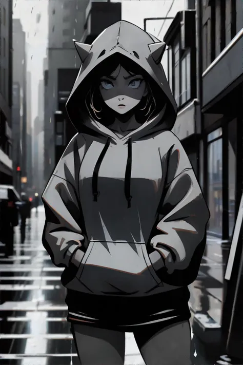 <lora:thicklinedbwanime-freckledvixon:1.00>, woman wearing hoodie, hands in pockets, city street, raining, <clip:skip:2> || <lora:thicklinedbwanime-freckledvixon:0.3>, person, hoodie, city street, masterpiece, 8k, high resolution, shallow depth of field, s...