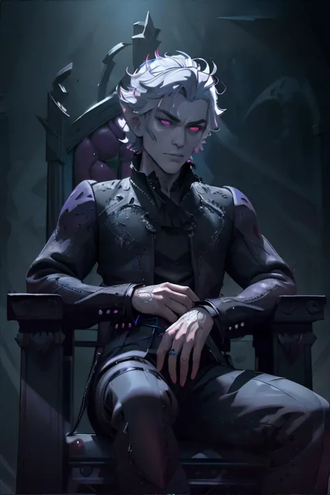 <lora:astarion-bloodredkittie:0.8>, BGAstarion, male, masculine, sitting on gothic throne, wearing crown, purple and black vampire outfit, smirk, silver hair, red eyes || masterpiece, 8k, high resolution, shallow depth of field, sharp focus