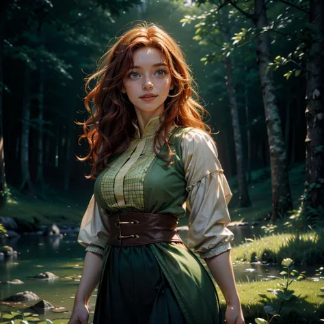 (masterpiece, best quality, highres, high resolution:1.2), extremely detailed, ultra realistic, intricate details, (cinematic lighting, bloom, volumetric),(art inspired by Ruan Jia), a 19 year old smiling celtic woman with curly hair, freckles, ginger red ...