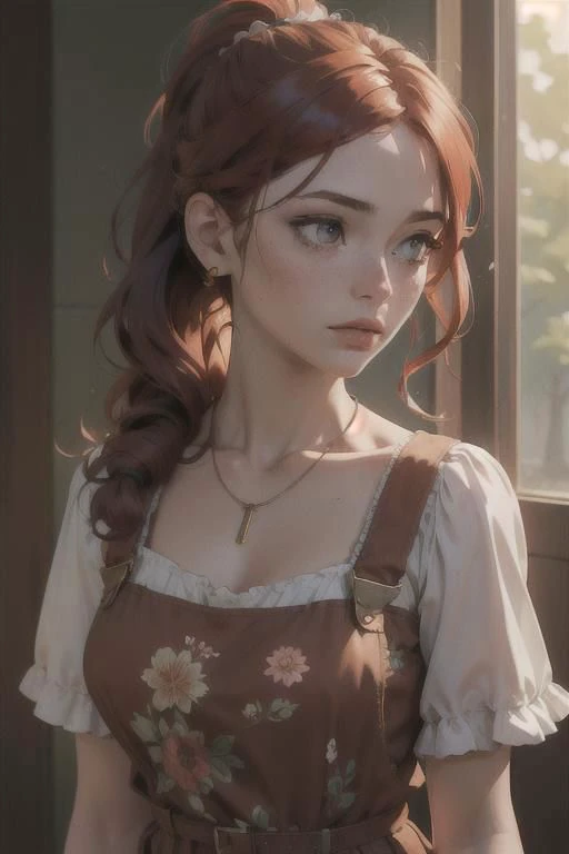 (masterpiece, best quality, highres, high resolution:1.2), extremely detailed, realistic, intricate details, 1girl, solo, looking at viewer, upper body, collarbone, wavy hair, necklace, suspenders, floral print, ponytail, freckles, red hair, sunlight, (cin...