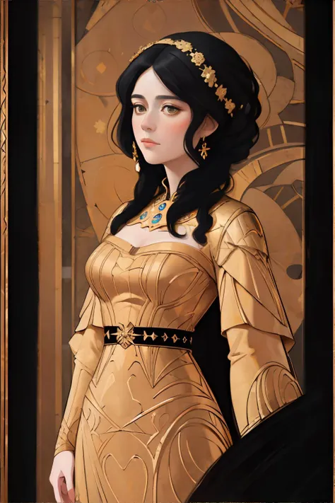 a painting of a woman in a gold dress with a clock in the background