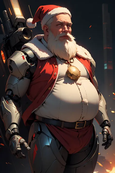 (masterpiece, best quality, highres, high resolution:1.2), extremely detailed, intricate details, 1boy, old man, overweight, solo, looking at viewer, ai overlord santa, artificial intelligence, overlord, santa, prosthetic limbs, robot, cyborg, glowing red ...