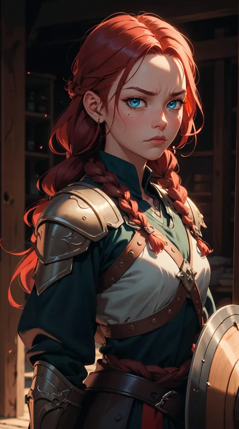 highres, masterpiece, perfect lighting, bloom, cinematic lighting, adult, female, looking at viewer, upper body,  1girl, red hair, long hair, big braids, viking clothes, green armor, wooden shield, red tatto face, blue eyes, frown