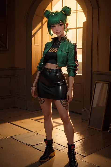 highres, masterpiece, perfect lighting, bloom, cinematic lighting, adult, female, looking at viewer, full body shot, blunt bangs, green hair, twin buns, brown eyes, ear piercing, earrings, full lips, smile, punk aesthetic