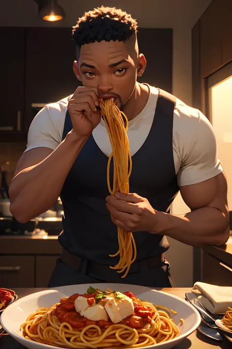 highres, masterpiece, perfect lighting, bloom, cinematic lighting, will smith eating spaghetti