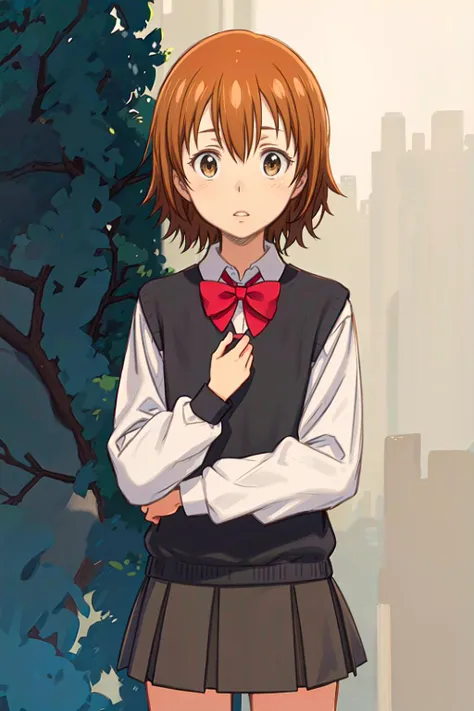 <lora:kyoko1:0.5> kyoko1, short hair, grey skirt, brown hair, shirt, long sleeves, bow, brown eyes, school uniform, white shirt, pleated skirt, bowtie, red bow, black sweater vest, <lora:kuroboshi_kouhaku_style_v01:1>, ultra detailed, masterpiece, best qua...