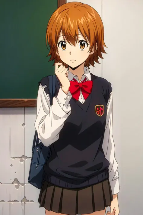 <lora:kyoko1:0.5> kyoko1, short hair, grey skirt, brown hair, shirt, long sleeves, bow, brown eyes, school uniform, white shirt, pleated skirt, bowtie, red bow, black sweater vest,, ultra detailed, masterpiece, best quality, aesthetic, detailed,