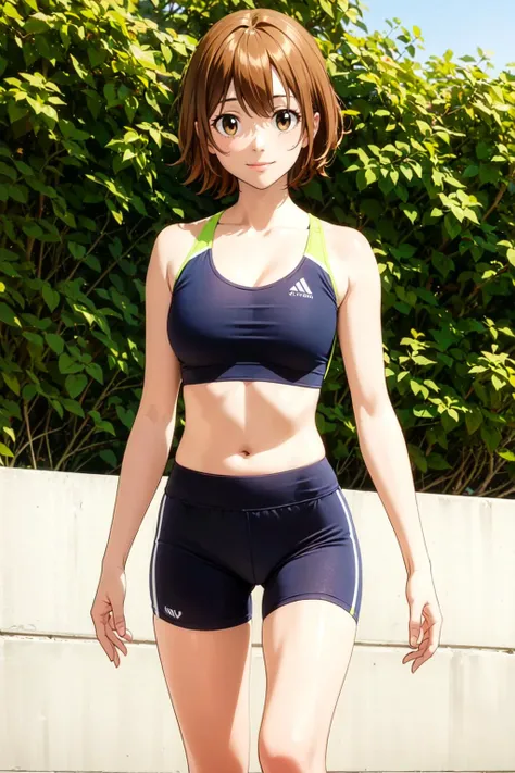 cowboy shot, smile, solo, <lora:kyoko1:0.45> kyoko1, short hair, brown hair, brown eyes,  <lora:Yoga_Shorts__Clothing_Collection:0.7> yoga shorts, sports bra,, ultra detailed, masterpiece, best quality, aesthetic, detailed,