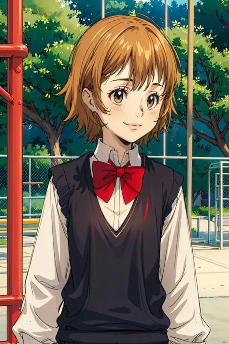 smile,  swing, playground, solo, sitting,  <lora:kyoko1:0.5> kyoko1, short hair, grey skirt, brown hair, shirt, long sleeves, bow, brown eyes, school uniform, white shirt, pleated skirt, bowtie, red bow, black sweater vest,  <lora:style3:0.9> style3,, ultr...