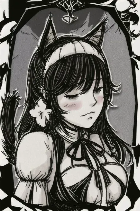 a drawing of a woman with a cat ears and a cat tail