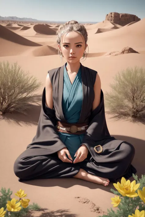 a woman in a blue dress sitting in the desert