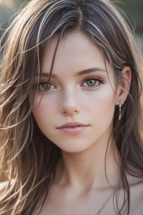 a close up of a woman with long hair and a necklace