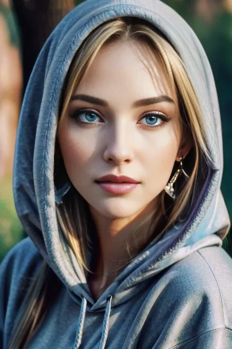 a woman with a hoodie and earrings is posing for a picture