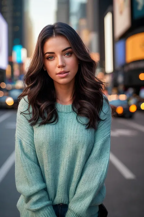 perfect cinematic shoot of a beautiful woman (EP3l30n0r4B01:.99), a woman standing at a Times Square Intersection , setting spray,perfect hair, wearing sexy teal (sweater with (Modesty Panel:1.3):1.2), (shooting star cascade in background:1.2), (detailed b...