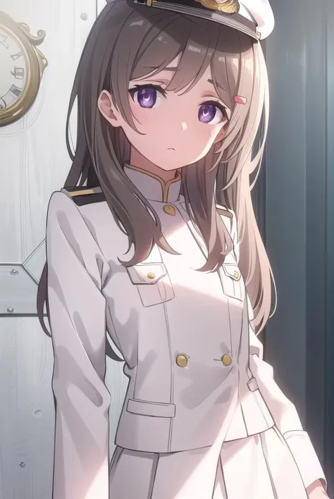 chinamoeka, <lora:china moeka s1-lora-nochekaiser:1>,
china moeka, long hair, brown hair, (purple eyes:1.1),
BREAK hair ornament, hat, hairclip, uniform, military, military uniform, peaked cap, naval uniform, (white uniform:1.5),
BREAK outdoors, ship, navy...