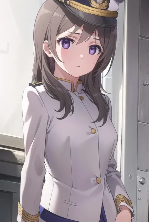 chinamoeka, <lora:china moeka s1-lora-nochekaiser:1>,
china moeka, long hair, brown hair, (purple eyes:1.1),
BREAK hair ornament, hat, hairclip, uniform, military, military uniform, peaked cap, naval uniform, (white uniform:1.5),
BREAK outdoors, ship, navy...