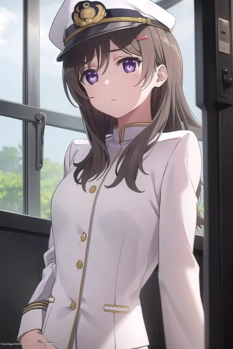 chinamoeka, <lora:china moeka s1-lora-nochekaiser:1>,
china moeka, long hair, brown hair, (purple eyes:1.1),
BREAK hair ornament, hat, hairclip, uniform, military, military uniform, peaked cap, naval uniform, (white uniform:1.5),
BREAK outdoors, ship, navy...