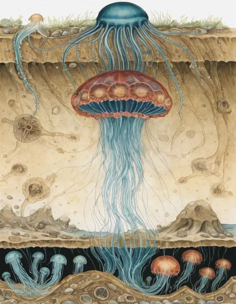 detailed, (cross-section of a jellyfish warren:1.2), several tiny jellyfish (underground), <lora:warren_0002_sdxl:1> , <lora:add-detail-xl:1>,