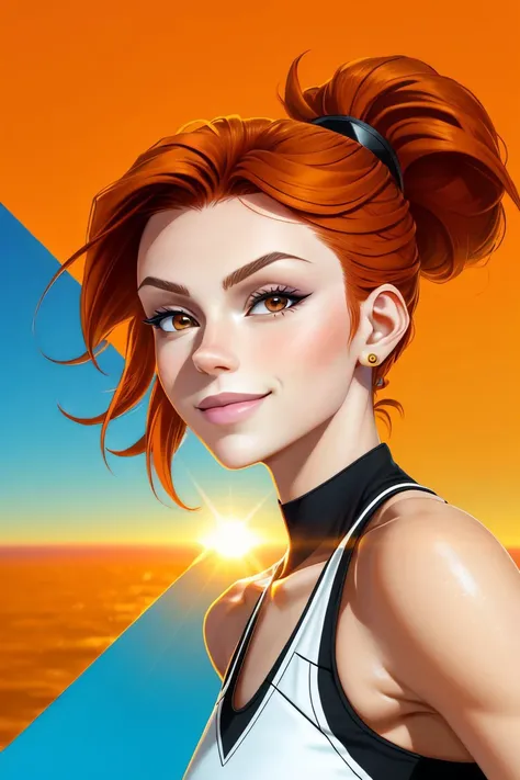 (geometric design, sharp angles, bold colors, clean lines:1.15), <lora:sd15_SavannahRaeDemers_v2:.9> SavannahRaeDemers, focus on eyes, close up on face, smile, Orange brown color hair styled teased ponytail, lens flare