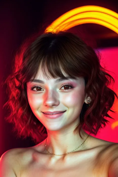 (<lora:misakistyle:1> misakistyle:1.15), <lora:sd15_SavannahRaeDemers_v2:.9> SavannahRaeDemers, focus on eyes, close up on face, huge smile, wearing jewelry, Mango color hair styled Soft Curls with Bangs, bright neon lighting