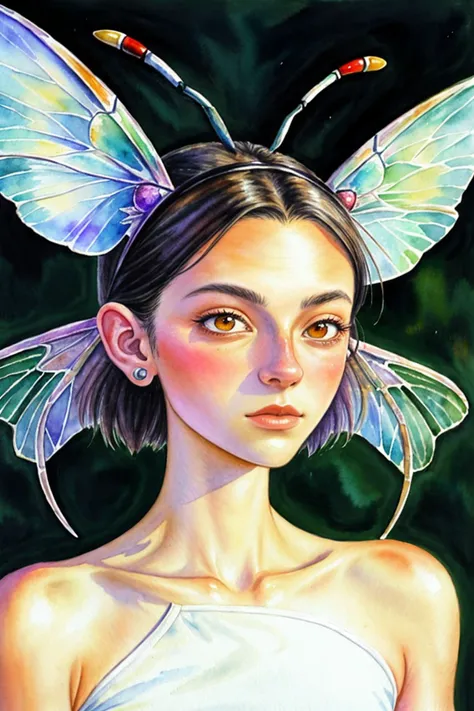 an extremely detailed, intricate watercolor painting of <lora:sd15_SavannahRaeDemers_v2:.9> SavannahRaeDemers with ant antenna on her head, she has multifaceted eyes, she has insect wings for ears