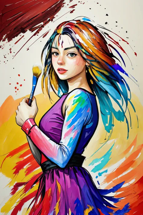 a painting of a woman with a paintbrush in her hand