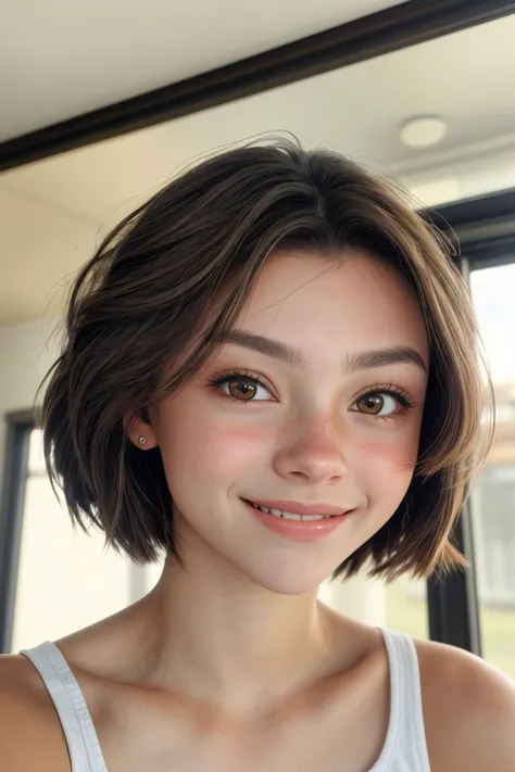 a close up of a woman with a short hair and a white tank top