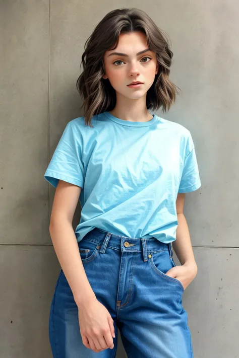 a woman in a blue shirt and jeans standing against a wall