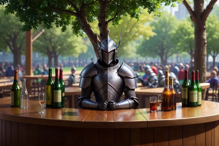 <hypernet:dr0ne_1:0.5>, crowded bottles bar, surreal image, medieval armor, (best quality), smooth, trending on artstation, tree, detail, blurry background, (Cinematic Photo:1.3), incorporating and showcasing sustainable features in an urban oasis, (extrem...