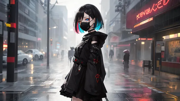 <lora:gothicPunkGirl_v10:0.5>, goth_punk, masterpiece, best quality, 8k, unreal, 1girl, shiny skin, multicolored hair, heterochromia, red clothes, mouth mask, bags under eyes, sleeves past fingers, 
outdoors, red neon lights, (dark:1.5), shadow, caustics, ...