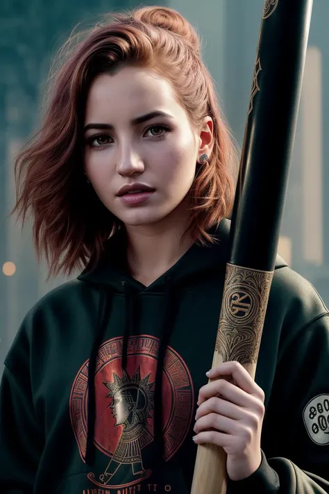 photo of (iv4n4b4quero-120:1.05), a woman as a sexy punk singer in an (80s movie:1.2), (holding a baseball bat:1.2), modelshoot style, (extremely detailed CG unity 8k wallpaper), photo of the most beautiful artwork in the world, professional majestic oil p...