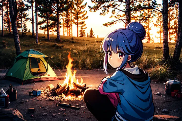 <lora:anireality_v1:0.7>, <lora:shimarinyurucamp_v10:0.5>, shima rin, 1girl, blue hair, hair bun, sitting, camping, outdoors, wo...